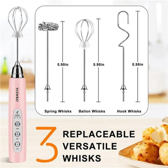 Milk Frother Handheld with 3 Heads, Coffee Whisk Drink Foam Mixer- Pink - Picture 3 of 6